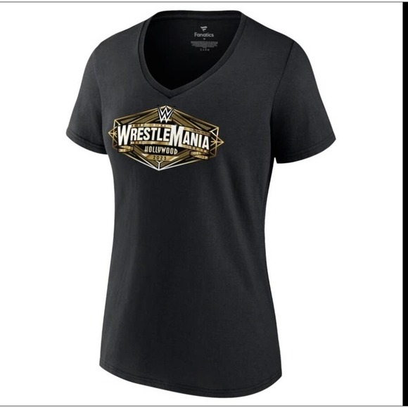Fanatics WrestleMania Hollywood 2023 Logo V Neck T-Shirt Black XL - Picture 1 of 7